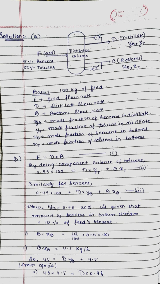 19-21 Solution: (a). Dattilae Be ZI Pistillatlon column Elud) INS. Benzene 155) Toluene BC Bottoms) RA, KI Bound 100 kg of f