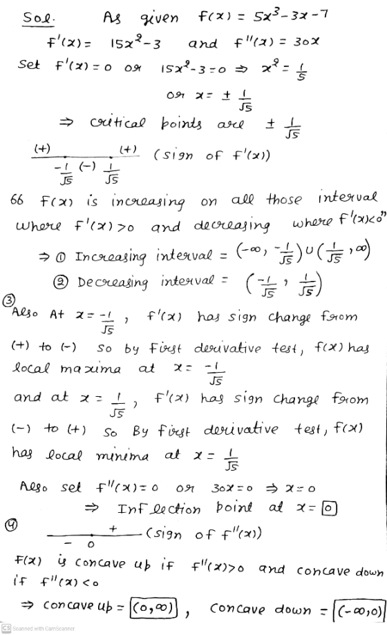 2 ৬ on where flauso Sol. AS given f(x) = 5x3-38-7 F(x)= 1572-3 and f(x) = 30X Set f(x)=0 09 15x-3-0 > = Ś or a= t ! SS cri