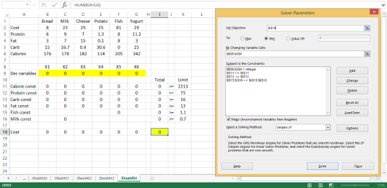 SUM(B18:G18) Solver Parameters G HK Bread Milk Cheese Potato Fish Yogurt 2 Cost 3 Protein 4 Fat 5 Carb 6 Calories 23 25 15 1.
