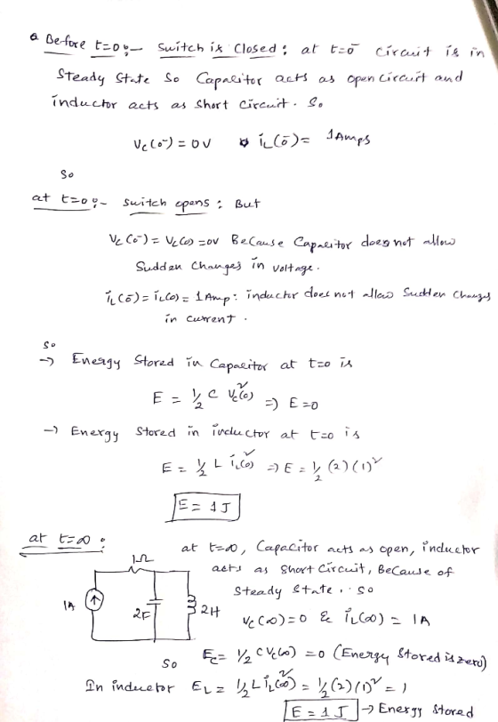 Before to- Switch is Closed : at tzo cirait is in Steady State So Capaeitor acts as opun Ciccurt and induchr ects as short Ci