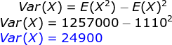 Var(X) = E(X) - E(X)2 Var(x) = 1257000 - 11102 Var(x) = 24900
