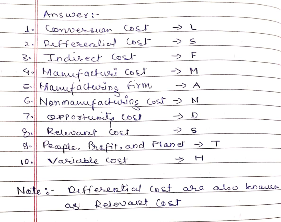 Answer:- 1 conversuen Cost Reffesenlial Cost 3. Indisect Cost -> 4 Mannufactuei Cost Flamufacturing fiYm G Nonmamfacturing Co