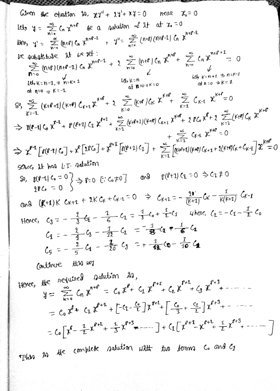 Thes in the complete salution with two terms Co and C1 near no htf-2 MO 120 n+8+1 ento Ž en de + = 0 + Rh+P-1 ho ho ✓ Aco Leb