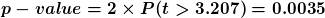 p-value = 2 x P(t > 3.207) = 0.0035