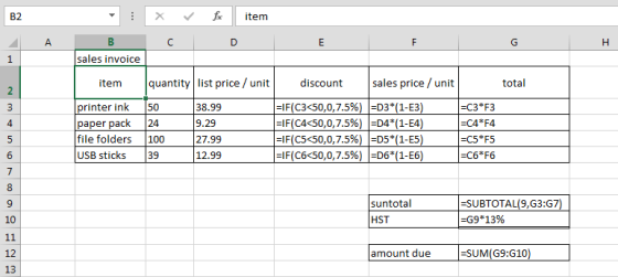 item A D E F G Н sales invoice 1 sales price unit quantity list price/ unit discount total item IF(C3<50,0,7.5%) D3*(1-E3) IF