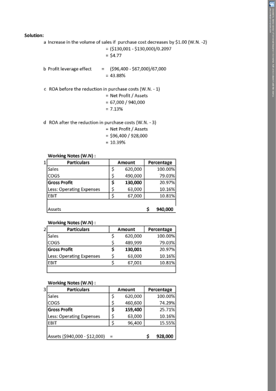Solution: a Increase in the volume of sales if purchase cost decreases by $1.00 (W.N.-2) - ($130,001- $130,000)/0.2097 - $4.7