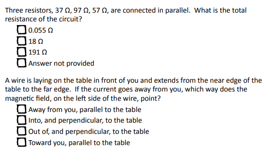 Three resistors, 37 22,972, 57, are connected in parallel. What is the total resistance of the circuit? 0.055 18 191 Answer n