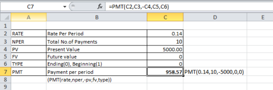 C7 fx =PMT(C2,C3,-C4,C5,C6) B A с D E NA 1 2 RATE Rate Per Period Total No.of Payments Present Value Future value Ending(0),