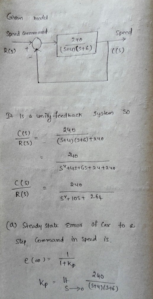 Given model Speed Cornmornd Ros) t Spee 240 C(s) It is a unih-feed back System so C(s) RCS)Stu (+6)124 C (s) R(S) S+ loSt 264