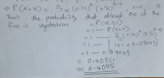 x=0,1,..5 » P(x=x) = Sex (0,10% (0.90s the probability that that atleast one of the Vegetarian -P (07,1) - 1 — P(x=0) Then fi