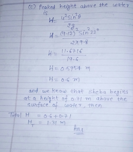 ( Peaked height above the oater is 2 H-9.12) Sin 22 29-8 19.6 H=O.5954 m and at a heght of o71 m ahove the urface af oate the