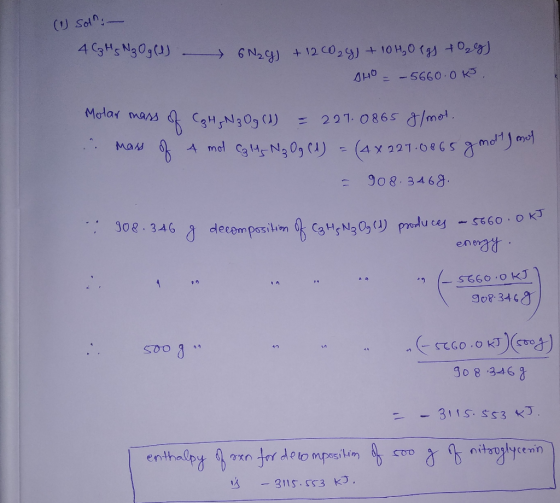 (o soll. - 4 CzHs N3 Og (1) 6N24) + 12 CO₂ g) + 1040 egs 0g) SHO -5660.0K. Molar mass mass of C3 H₃N30g (1) = 227.0865 g/mol.