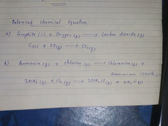 Balanced chemical Equation a) Carbon dioxide (g) Graphite (s) + Oxygen (g) - Ces) + 2018) - Coneg 6) Ammonia (g) & chlorine i