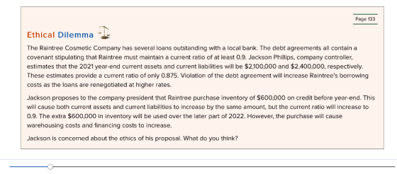 Page 133 Ethical Dilemma The Raintree Cosmetic Company has several loans outstanding with a local bank. The debt agreements a