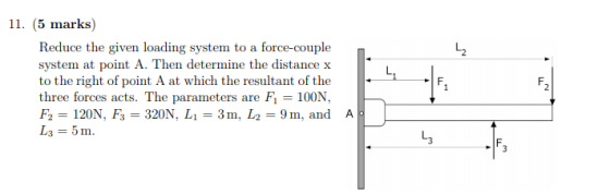 11. (5 marks) Reduce the given loading system to a force-couple system at point A. Then determine the distance x to the right