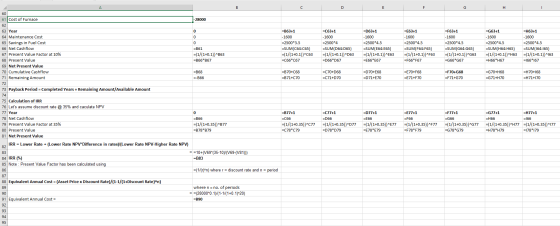 C D E 61 Cost of Furnace 1-28000 =B63+1 -1600 =2500*3.5 =SUM(C64:C65) =(1/(1+0.1))^C63 =C66*C67 =C63+1 -1600 =2500*4 =SUM(D64
