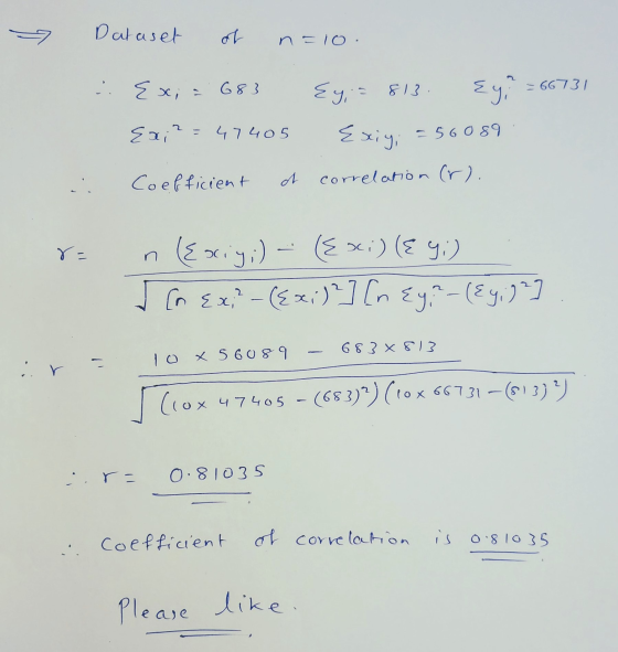 Dataset of . Exi {x; = 683 -66731 Ey;= 813 Ey, Exiy; = 56089 Exi2=47405 Coefficient correlation (r). r= n Exig;) - ({si) (Ey;