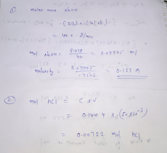 o molar man Noon ons -(23) + (16)+) . - Yo.o al my mol Naon = 3.978 = 0.09945 wel 10 molarity = 0.0.09943 0.133 m 7502 o mall