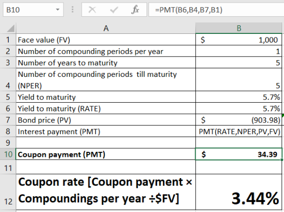 fix X =PMT(B6,B4,B7,B1) B10 В 1 Face value (FV) 2 Number of compounding periods per year 3 Number of years to maturity Number