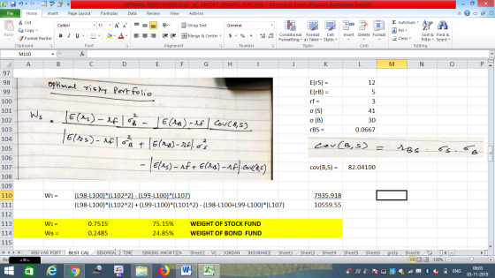 OPTIMAL RISKY PORTFOLIO VC AMORT SINKING JORDAN - Microsoft Excel (Product Activation Failed) Data Review View Add-Ins Formul