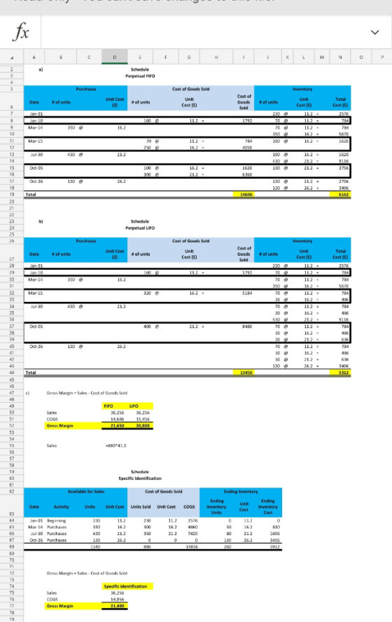 Parol ost of Goods Sold of units Schedule Cast of Goods Sold st of Good Sold Specite identification