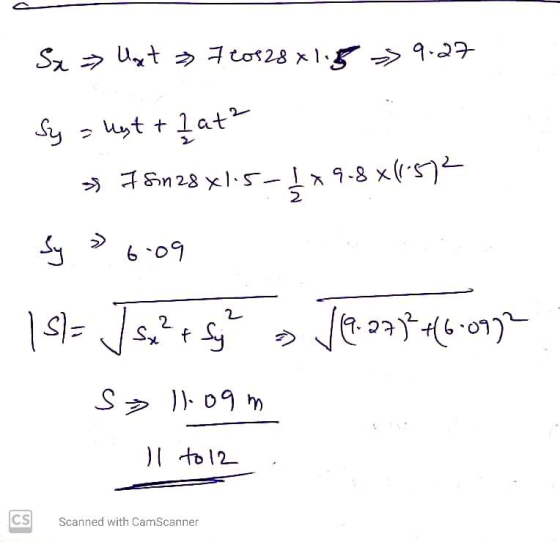 Sx Ust 7 to 128x1.5 9.27 Sy = uyt + 1 at ² & I Sn28x1.5-1x9.8*(1-572 Sy 6.09 2 sl= Jsx² + sy V19-2732446.0972 s 11.09m Il to