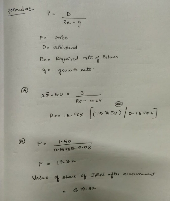 formular- Re Re-g Po price De dividend Re- Required rate of Return go growth eate 25.50 = 3 Re- 0.04 Reo 15. 764. [C15- 75 5x
