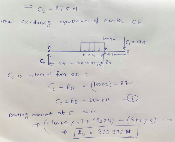 CE = 87.5 N equilisrum of memba now considering СС joonim = 87.5 tam flm- Cc To 2m Ro Elm-Beam Cc is internal force at c (loo