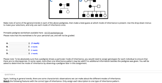 II Make note of some of the general trends in each of the above pedigrees, then make a best guess at which mode of inheritanc