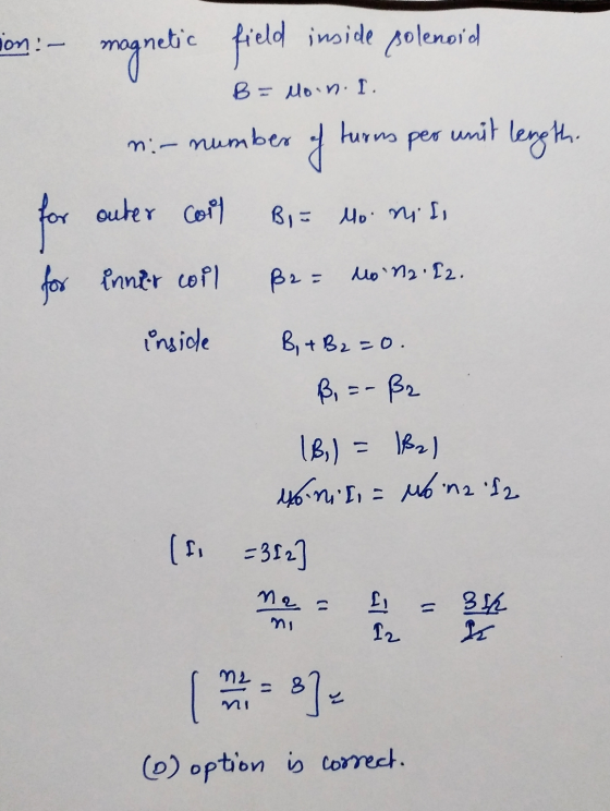 ion :- magnetic field inside solenoid B= Moin.l. mi- number of turms per unit length. for outer coil BI E Mo. nifi for inner