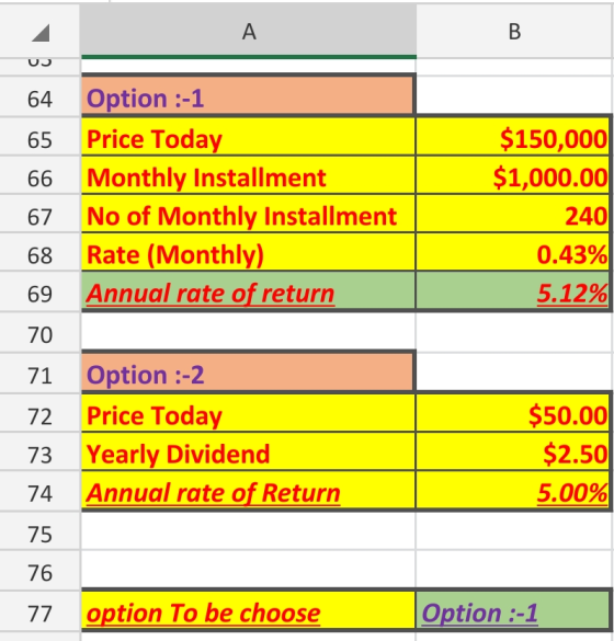 A B od 64 Option :-1 65 Price Today 66 Monthly Installment 67 No of Monthly Installment 68 Rate (Monthly) 69 Annual rate of r
