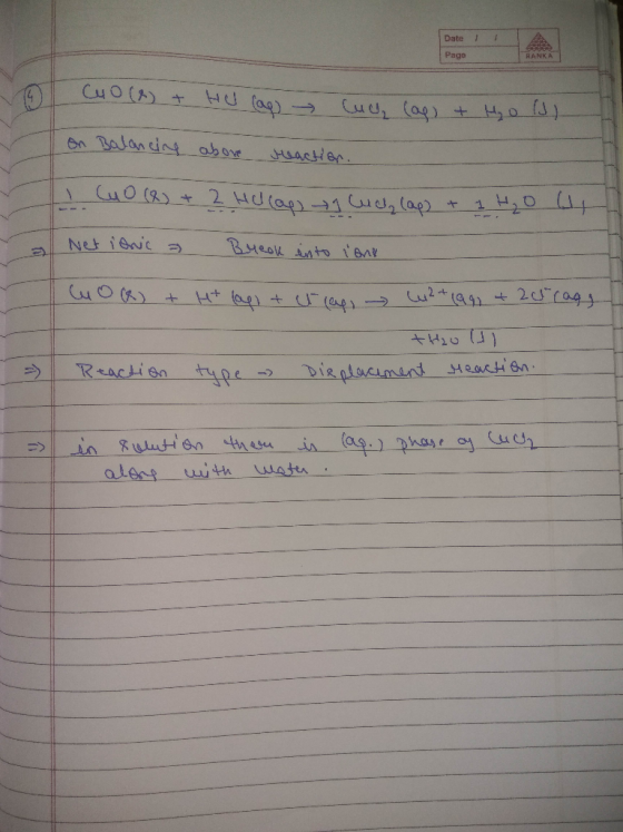Date Page RANKA CuO(A) on Balar cing above uactien Cuo(Rs+ 2 HU(a1 lpr Bueok into er Net iewc 20ra9y Reaction type Displacime