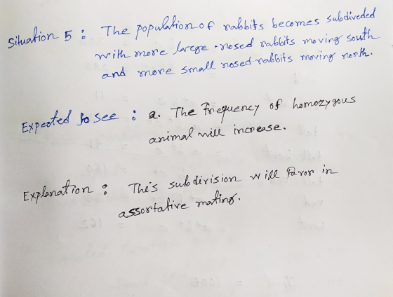 situation 5: The population of rabbits becomes sub diveded with more large rosed sabbits moving south and more small nosed ra