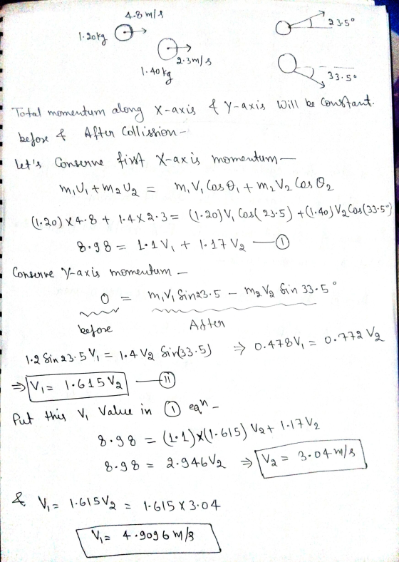 4.8mls 2.3 m/s - 1.40kg 02 33.50 3.50 - Total momentum along x-axis 4 y-axis will be constant. befose & Aften Collishion - le