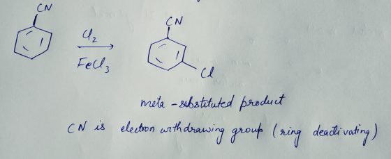 CN is meta – substituted product election with drawing group (ring deactivating)