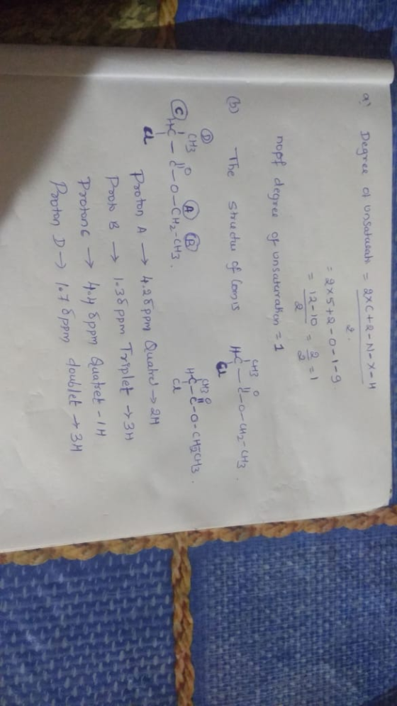 Degree o n Satuak2x C+R-N-X-H = 2x5+2-0-1-9 -12-10 nopf degree of unsaturation - 1 u The structor of Comis HC- SHO ļo- CH2 -