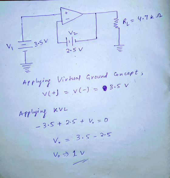 R=4.7k2 V2 4. Vi 3.5V 2.5v Applying Virtual Ground Concept; V(+) = V(-) = 3.5 V Applying kul .3.5+ 2.5+ Vo=0 V. 3.5 - 2.5 Vo