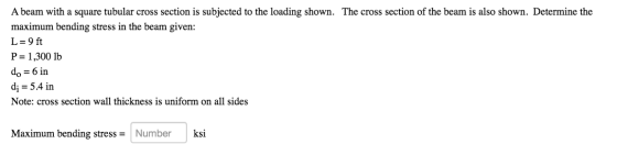 A beam with a square tubular cross section is subjected to the loading shown. The cross section of the beam is also shown. De