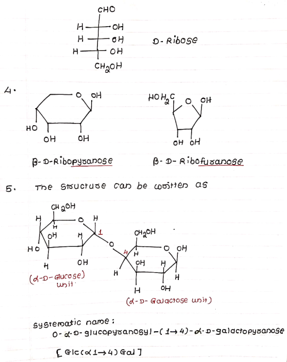 CHO H- OH HTOH HGT OH CH2OH D-Ribose 4 OOH HO HOOOH HOP OH OH OH OH B-D-Ribofuranose B-D-Ribopyoanose 5. The Stoucture can be