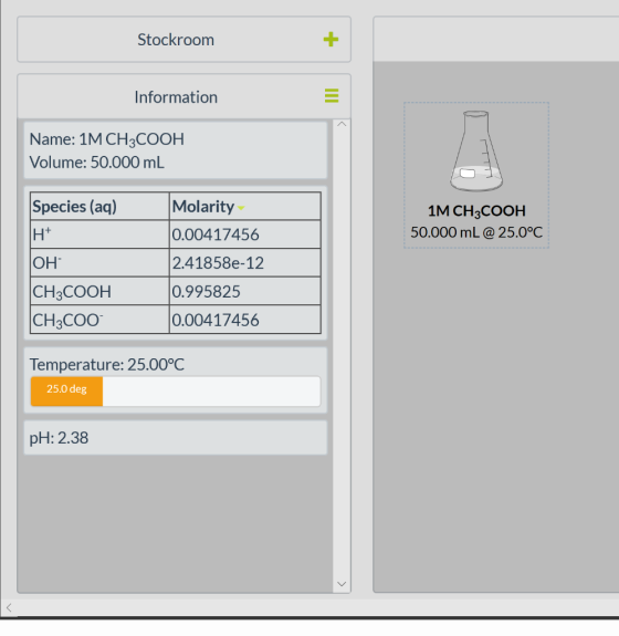 Stockroom Information Name: 1M CH3COOH Volume: 50.000 mL Species (aq) Molarity 0.00417456 1M CH3COOH 50.000 mL @ 25.0°C H+ OH