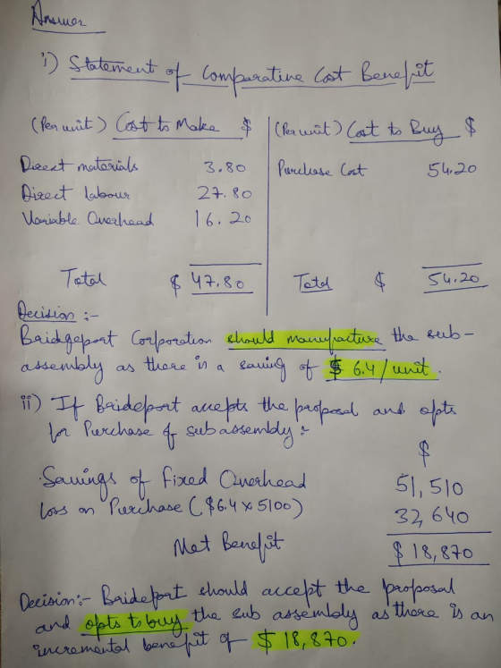 Nasmer 1) Statement of comparative cast Benefit (per unit) Cost to make & 1 (per unit) Cost to Buy & Direct materials 3.80 Pu