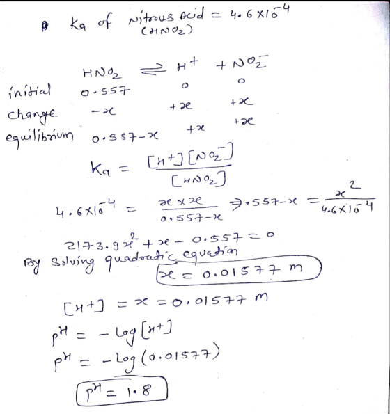 A ka of Nitrous acid = 406x16 4 CHINO2) - de 3 HNO 2 ht + Nož initial 0.557 change . -x the the equilibrium o.sszor the tae К