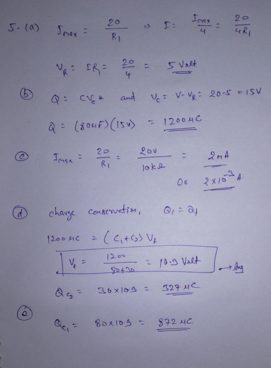 6 W FR svo Q = Cve and uc = Vr VR = 20.5 = 15V Q = (802F) (15 v) = 120040 Teatre orele 24 G 120 20 @ GSX lokh Or 220VA @ char