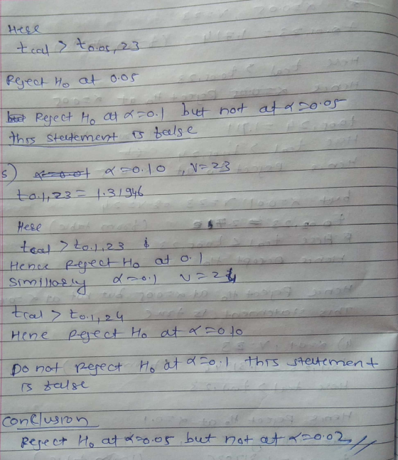 Here tcal toor, 23 Reject to at 0.05 200 + bet Reject to at a=0.) but not this steedement is false at a 20.05 = 23. 5) oot az
