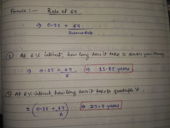 Formula :- Rule of 69 → 0.35 + 69 Interest Rate . At 6% interest, how long does it take to double your Money, Color 0.35 + 69
