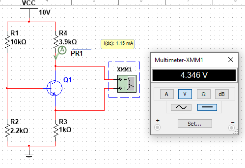 VCC 10V R1 1050 R4 3.90 PR1 (de): 1.15 mA Multimeter-XMM1 X XMMI 4.346 V Q1 A V S2 dB R2 + R3 1kΩ Set... 32.260