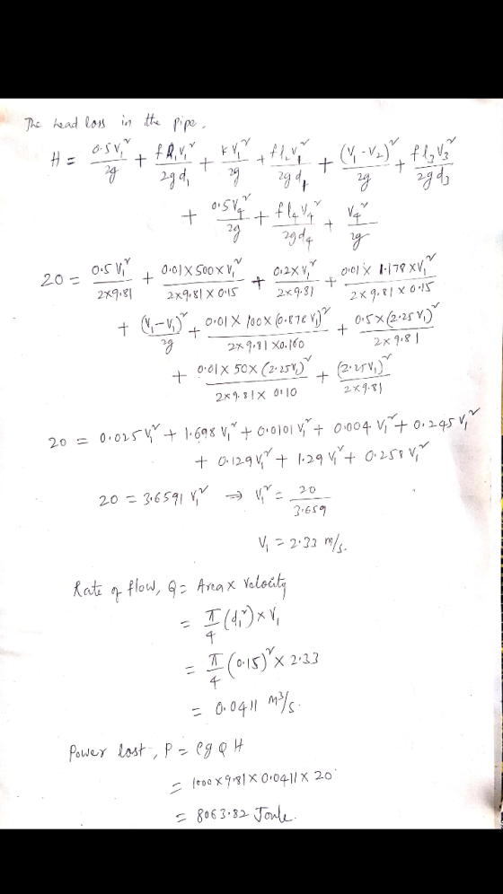 The head loss in the pipe , + + + zgdq 0.2%V/ rg 01011.178 XV, 20 - OSV + 0.01x 500 x V + 2x9181 2x9,81 XOS 2x 9.3) 2x9,818