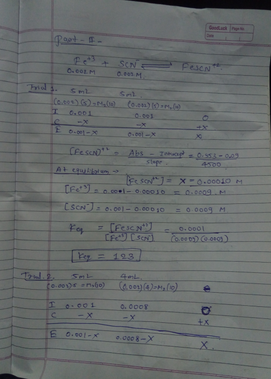 GoodLuck Page No. Date Tae - T- F e +3 + 0.002 M SON 0.002 M. PESCNT Trial 5 m2 (0.002) (6) = M. (10) 0.001 5m2. (0.002) (s)