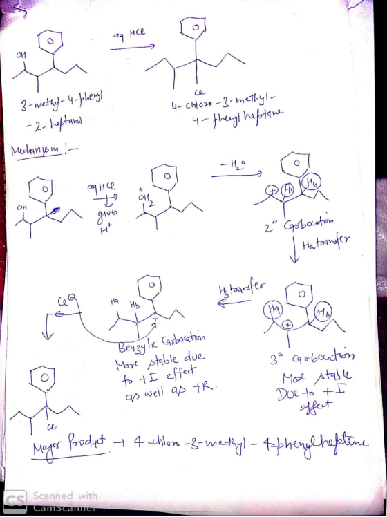 aq hce 3-methyl-4-phenyl -2-heptans 4-chloro-3-methyl- 4-theryl heptane Mechanism ! aq fice gives lyx 20 Carbocation Hatransf