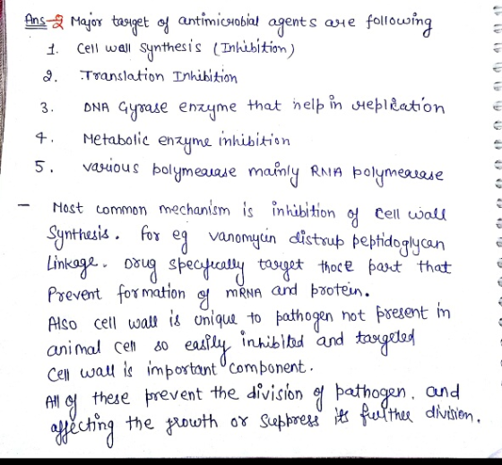 הודהויה le w ה ודו f or Ans- Major teaget of antimicoobial agents are following . 1 Cell wall Synthesis ( Inhibition) 2. Tran